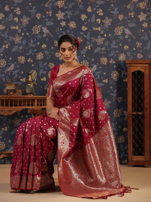 Maroon & Gold jari Polka Desgine Ethnic Woven Banarasi Saree