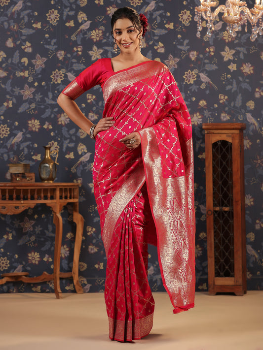 Pink & Gold Jari-Toned Ethnic Woven Design Banarasi Saree