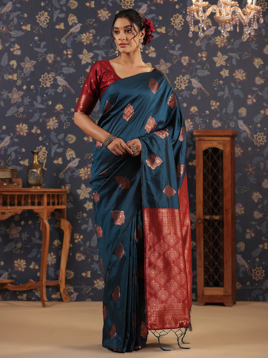 Turquoise blue & Copper Jari-Toned Ethnic Woven Design Banarasi Saree