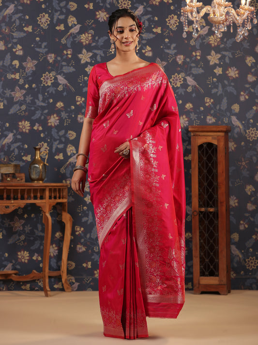 Pink & Silver Jari butterfly Desgine Ethnic Wove Banarasi Saree