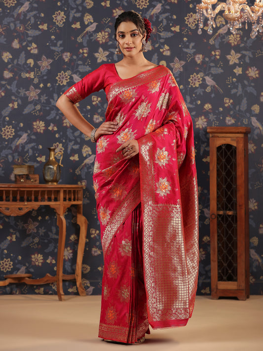 imperial Red & Copper Gold Jari Rose Floral Woven Design Banarasi Saree