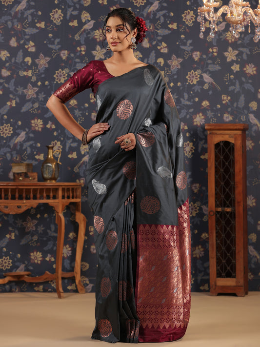 Grey & Copper Silver Jari-Toned Ethnic Woven Design Banarasi Saree