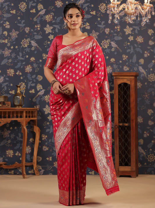 Pink & Silver Jari-Toned Ethnic Woven Design Banarasi Saree