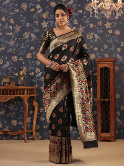 Black & Gold Jari-Toned Paisley Woven Design Banarasi Saree