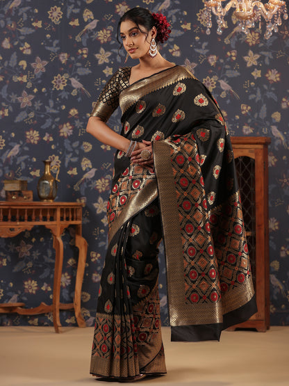 Black & Gold Jari-Toned Paisley Woven Design Banarasi Saree