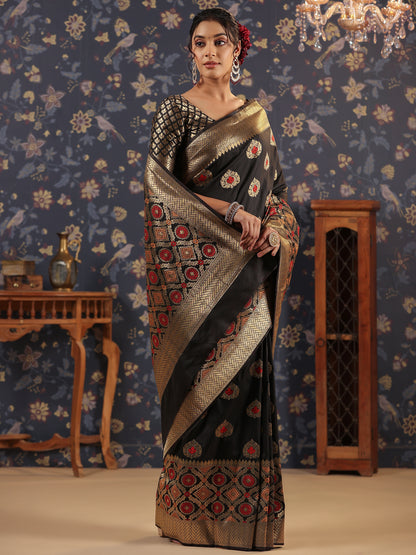 Black & Gold Jari-Toned Paisley Woven Design Banarasi Saree