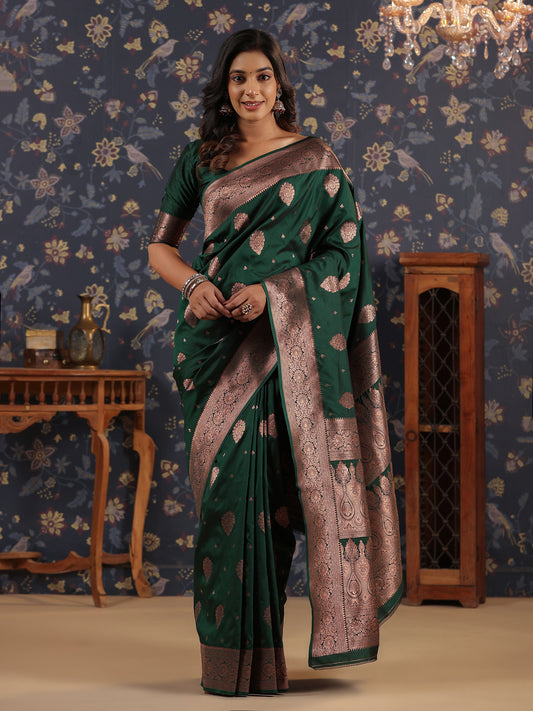 Green & Copper Jari Floral Desgine Ethnic Woven Banarasi Saree