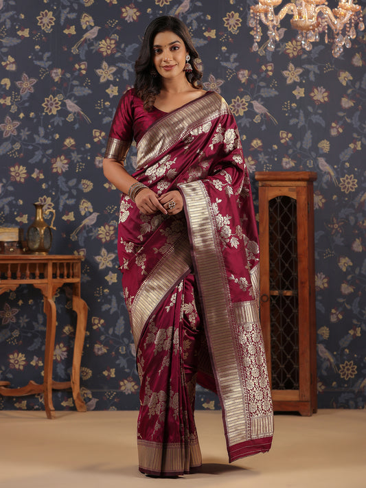 Maroon & Gold Jari-Toned Ethnic Woven Design Banarasi Saree