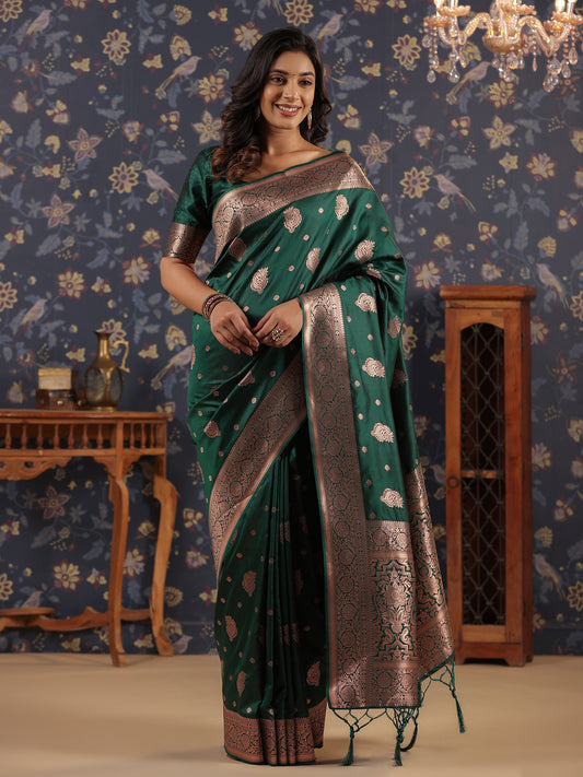 Green & Copper Jari Leaf Butta Desgine Ethnic Woven Banarasi Saree