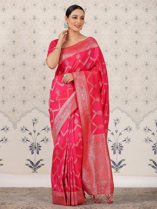 Hot Pink & Silver Jari-Toned Ethnic Motifs Zari Pure Silk Banarasi Saree