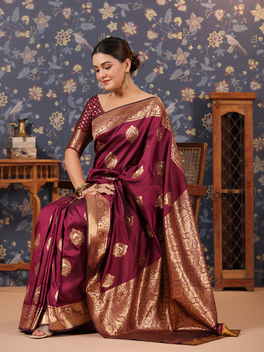 Maroon & Copper Jari-Toned Ethnic Motifs Woven Design Banarasi Saree