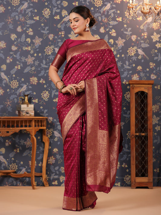 Maroon & Copper Jari-Toned Ethnic Motifs Woven Design Banarasi Saree