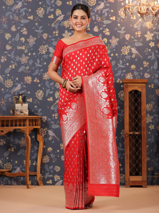 Deep Red & Silver Jari-Toned Ethnic Motifs Woven Design Banarasi Saree