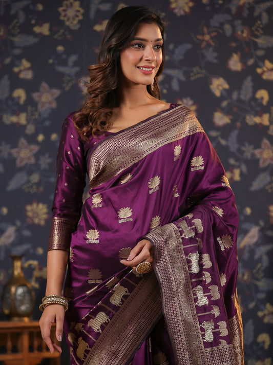 Purple & Silver Jari -Toned Woven Design Banarasi Saree