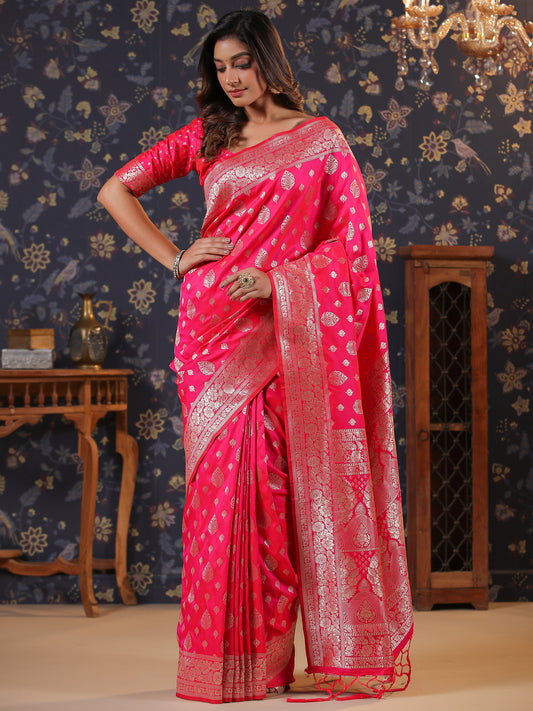 Hot Pink & Silver Jari-Toned Ethnic Motifs Woven Design Silk Blend Banarasi Sarees