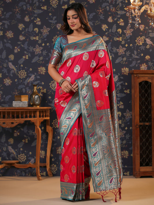 Imperial Red & Meena Desgine Kanjivaram Woven Banarasi Saree