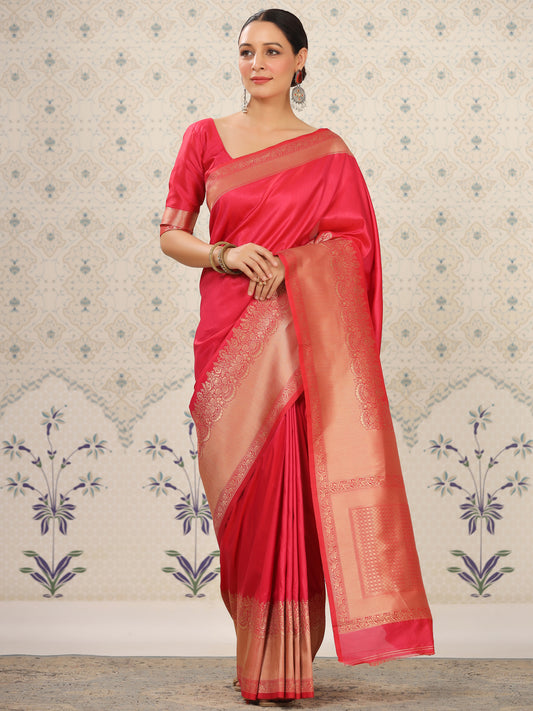 Rani Color & Copper Gold Jari-Toned Ethnic Woven Design Zari Banarasi Saree